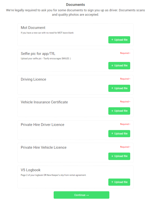 documents needed to become a taxify driver in London